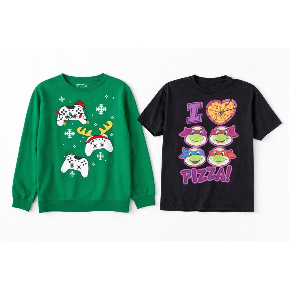 Holiday Sweatshirt XL Game Controller Christmas + Nickelodeon Pizza Tee Lot